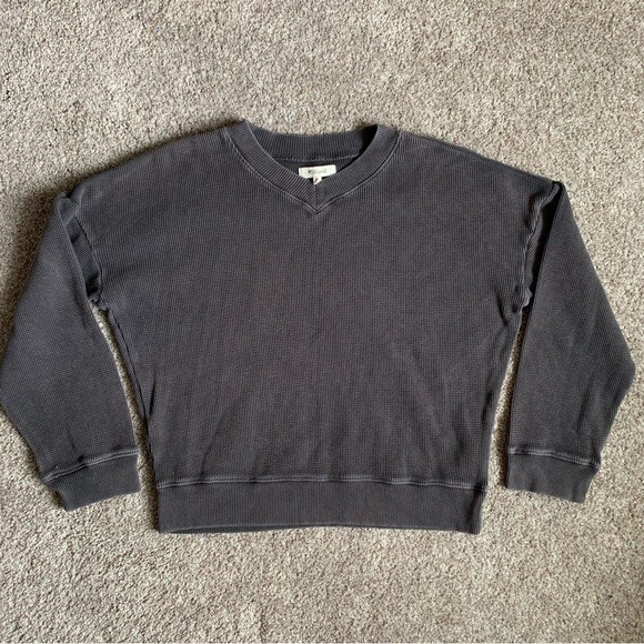 Madewell Women’s Waffle Knit Thermal Boxy Sweatshirt Tee Black Coal Small - Picture 2 of 10